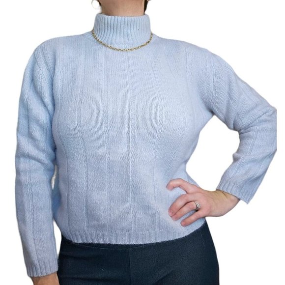 Light Gray Blue Ribbed Mockneck Wool Angora Sweater M/L Lambswool VTG 90s Pastel - Picture 1 of 8
